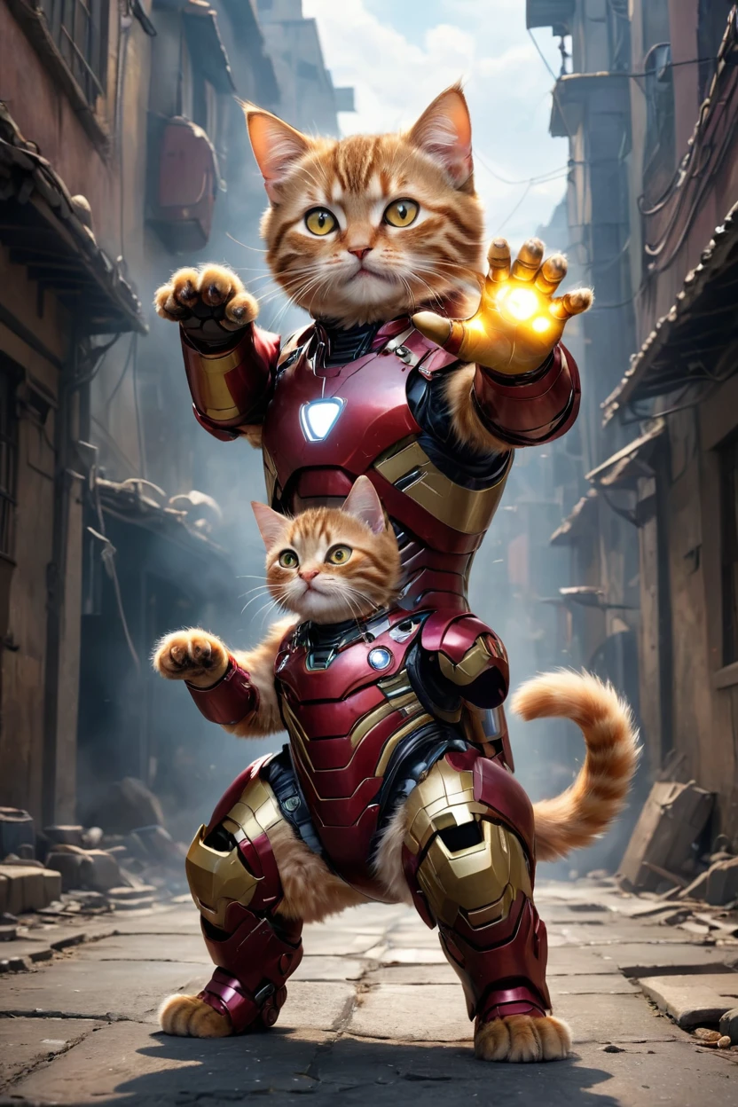 small, There are no humans in this world、The world of anthropomorphized cats、Wearing a full Iron Man suit、Repulsor firing from both hands、night、かわいいbornき物全身, Costumes,、 Fantasy art, Exquisite detail, An anthropomorphic, fat, furry tabby kitten with yellow eyes, Movie Scenes, Dramatic shot angles, , Realistic, born々Amazing cinematic photorealism, Action Portrait, 8K, detailed, Full Frame