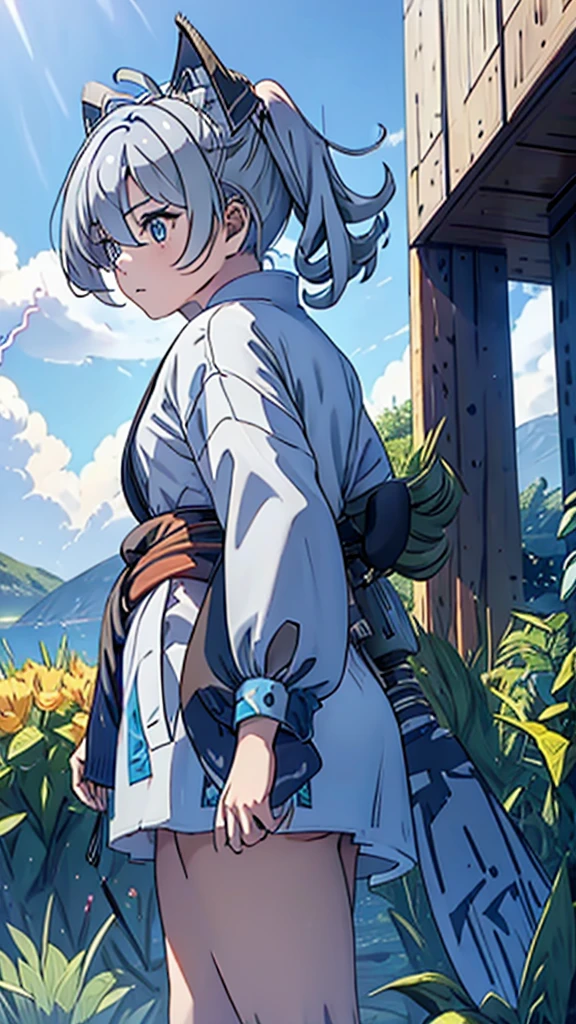 naughty girl;
Wolf ears and tail;
Long messy hair;
gray hair;
Kimono with lightning cloud details;
Rays around the body;
It&#39;s in a black space full of clouds forming;
Sky blue eyes;
