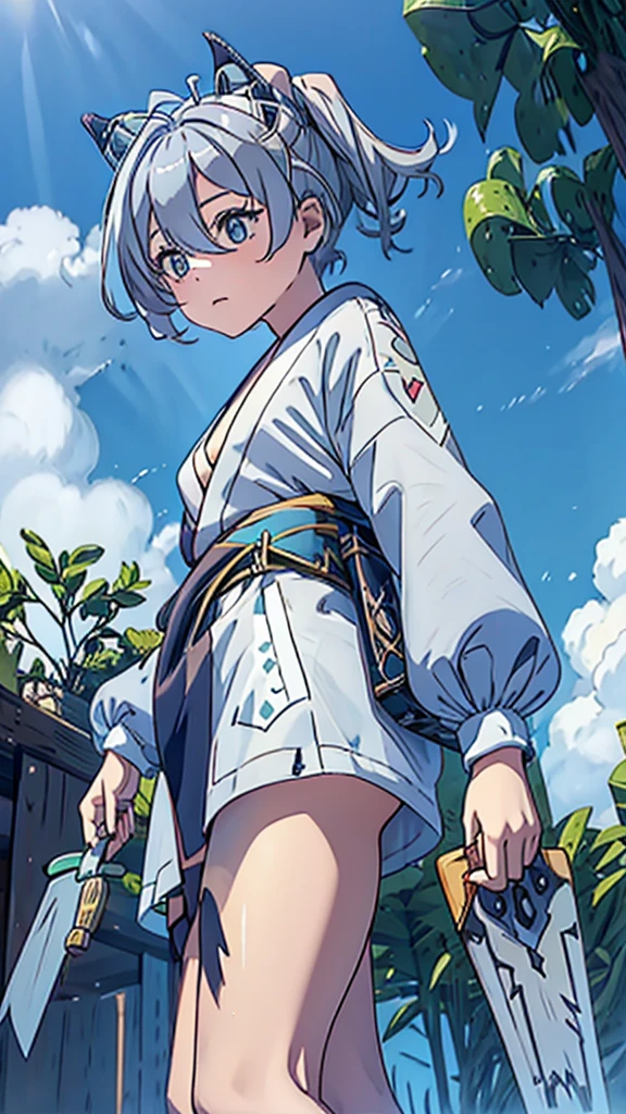 naughty girl;
Wolf ears and tail;
Long messy hair;
gray hair;
Kimono with lightning cloud details;
Rays around the body;
It&#39;s in a black space full of clouds forming;
Sky blue eyes;
