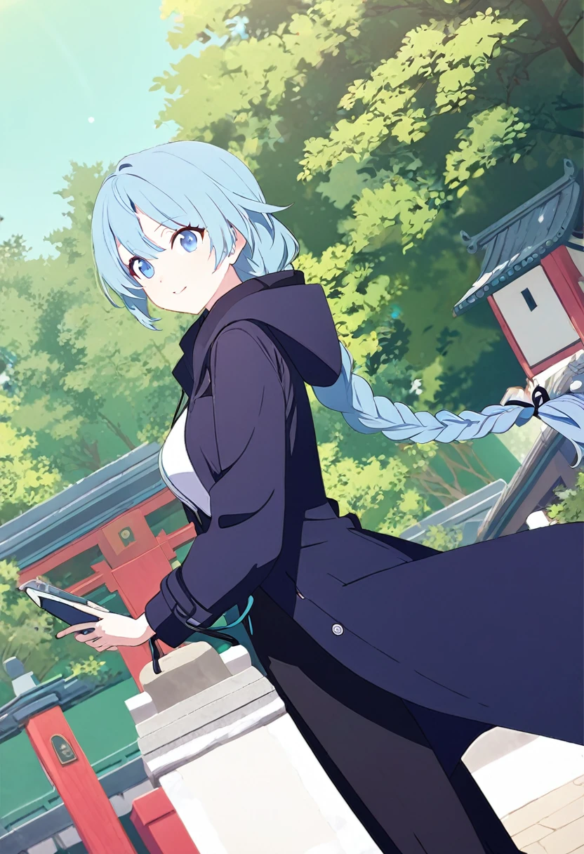 (One Girl,azure hair,Hairstyle: braided ponytail, pale blue eyes,Medium chest,Dynamic Angle)Long sleeve hooded long coat,Black trousers,A shrine with a green background,