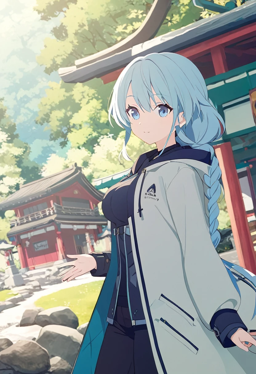 (One Girl,azure hair,Hairstyle: braided ponytail, pale blue eyes,Medium chest,Dynamic Angle)Long sleeve hooded long coat,Black trousers,A shrine with a green background,