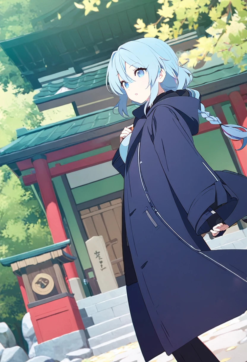 (One Girl,azure hair,Hairstyle: braided ponytail, pale blue eyes,Medium chest,Dynamic Angle)Long sleeve hooded long coat,Black trousers,A shrine with a green background,