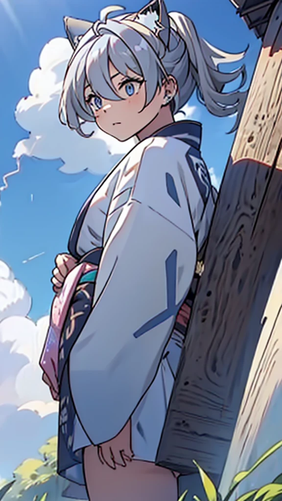 naughty girl;
Wolf ears and tail;
Long messy hair;
gray hair;
Kimono with lightning cloud details;
Rays around the body;
It&#39;s in a black space full of clouds forming;
Sky blue eyes;
