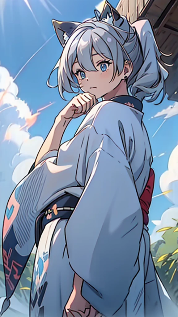 naughty girl;
Wolf ears and tail;
Long messy hair;
gray hair;
Kimono with lightning cloud details;
Rays around the body;
It&#39;s in a black space full of clouds forming;
Sky blue eyes;
