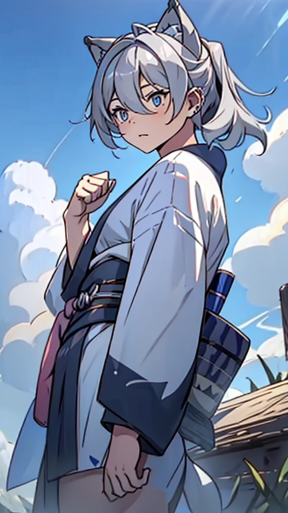 naughty girl;
Wolf ears and tail;
Long messy hair;
gray hair;
Kimono with lightning cloud details;
Rays around the body;
It&#39;s in a black space full of clouds forming;
Sky blue eyes;
