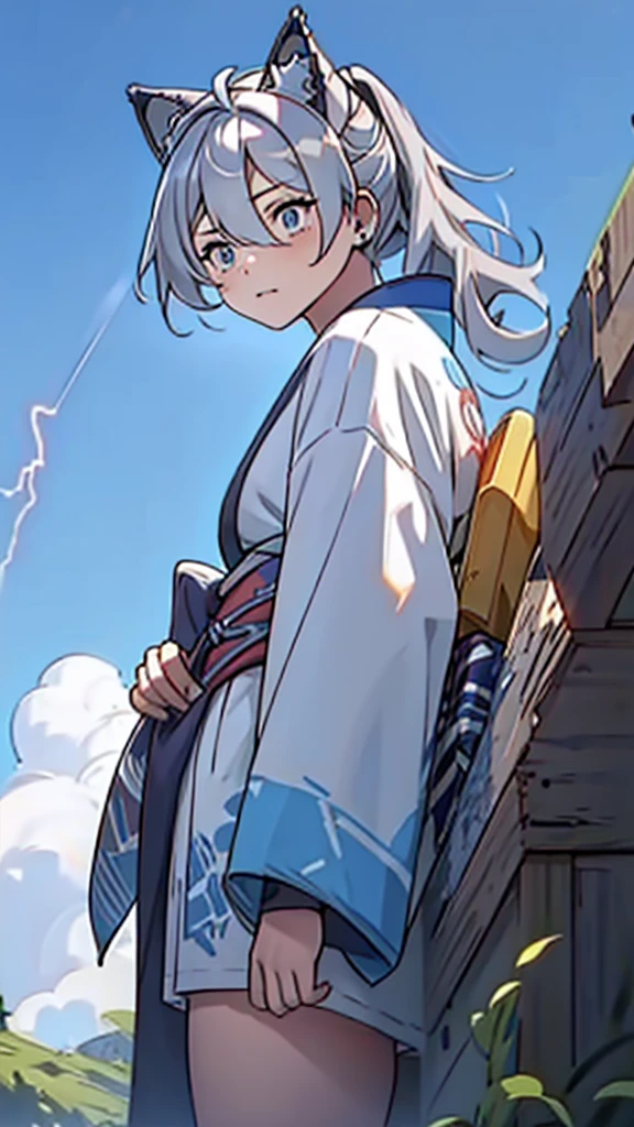 naughty girl;
Wolf ears and tail;
Long messy hair;
gray hair;
Kimono with lightning cloud details;
Rays around the body;
It&#39;s in a black space full of clouds forming;
Sky blue eyes;
