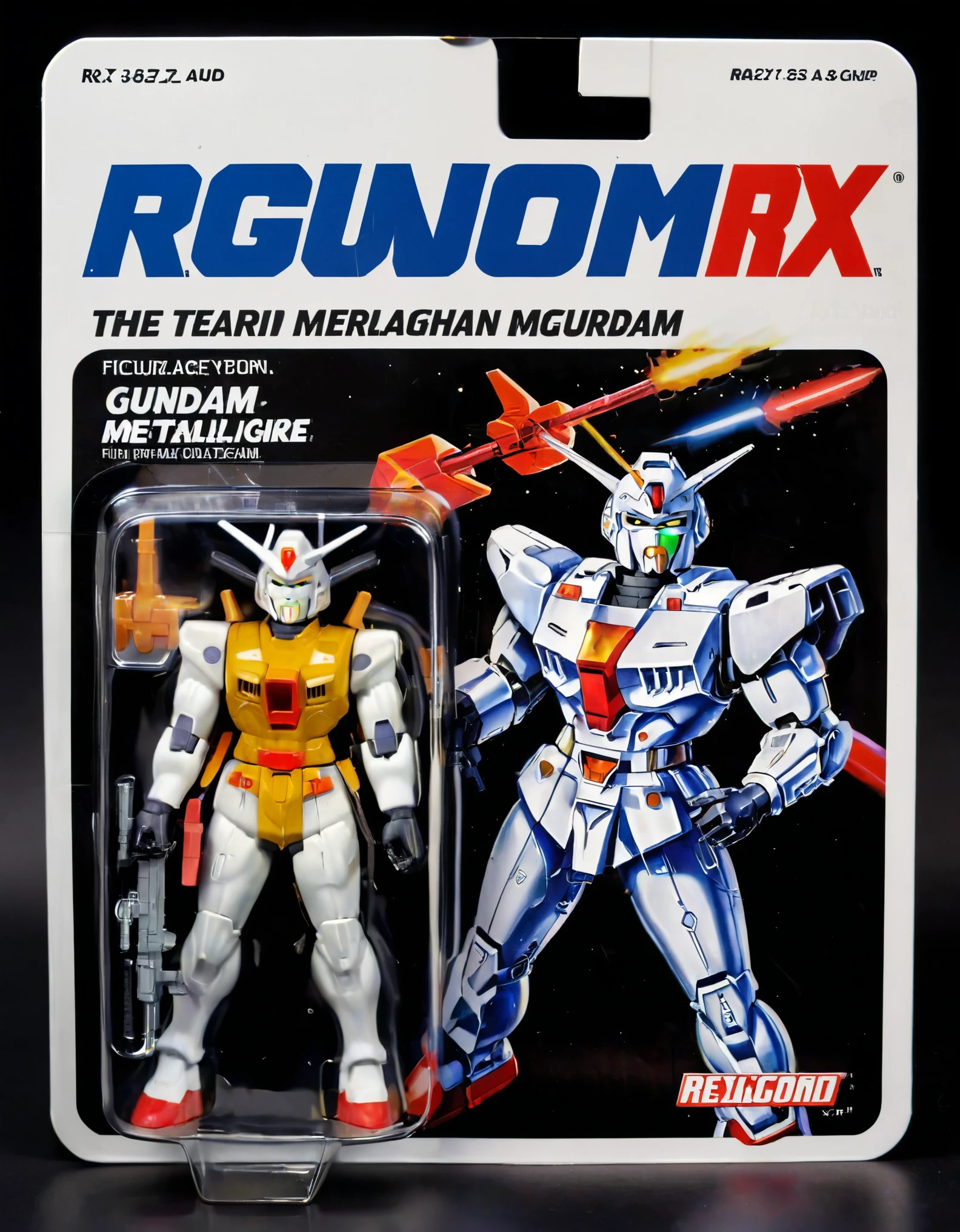 A lifelike figurine resembling the well-known gundam, RX-78 Gundam, stands prominently displayed. The figurine captures his iconic exaggerated features with striking realism, including his metalic full body machine and beam-rifle Alongside it, the packaging showcases a cartoon illustration of jedi master, adding a playful contrast to the realism of the figure. The monotone yet menacing packaging is a juxtaposition to the character. The name ('RX-78 Gundam':1.5) is printed in bold, eye-catching letters on the packaging, highlighting his renowned identity,