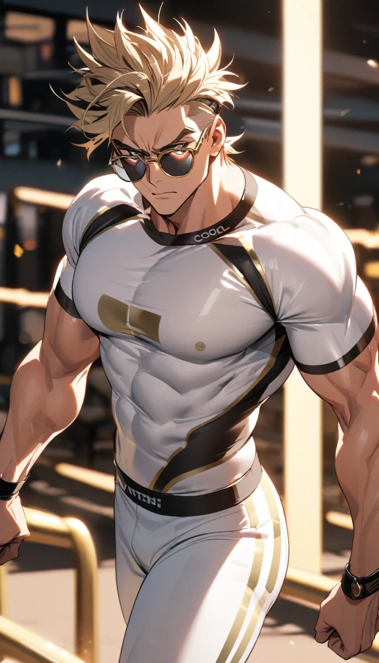 A muscular man in white and gold fitness clothing,Cool hairstyle,Cool glasses