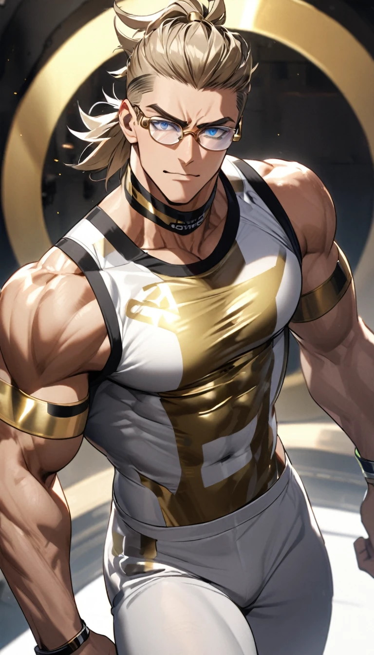 A muscular man in white and gold fitness clothing，Cool hairstyle，Cool glasses