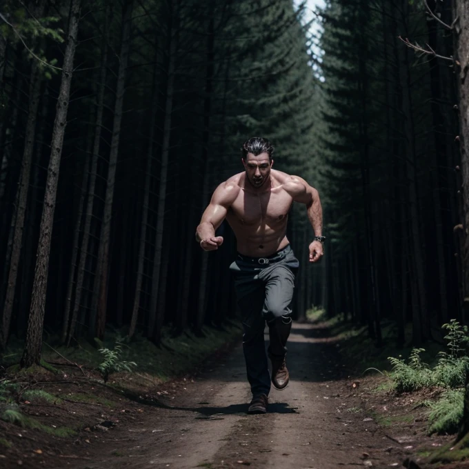 Dark monster, chasing a man, in a dark forest
