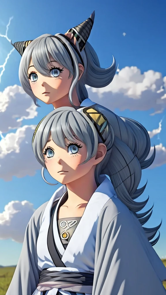 naughty girl;
Wolf ears and tail;
Long messy hair;
gray hair;
Kimono with lightning cloud details;
Rays around the body;
It&#39;s in a black space full of clouds forming;
Sky blue eyes;
