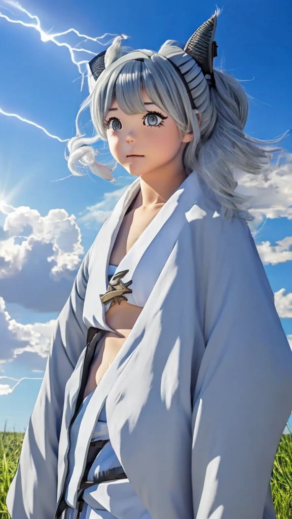 naughty girl;
Wolf ears and tail;
Long messy hair;
gray hair;
Kimono with lightning cloud details;
Rays around the body;
It&#39;s in a black space full of clouds forming;
Sky blue eyes;
