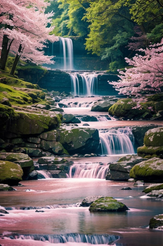 Create a river and waterfall with beautiful pink landscape
