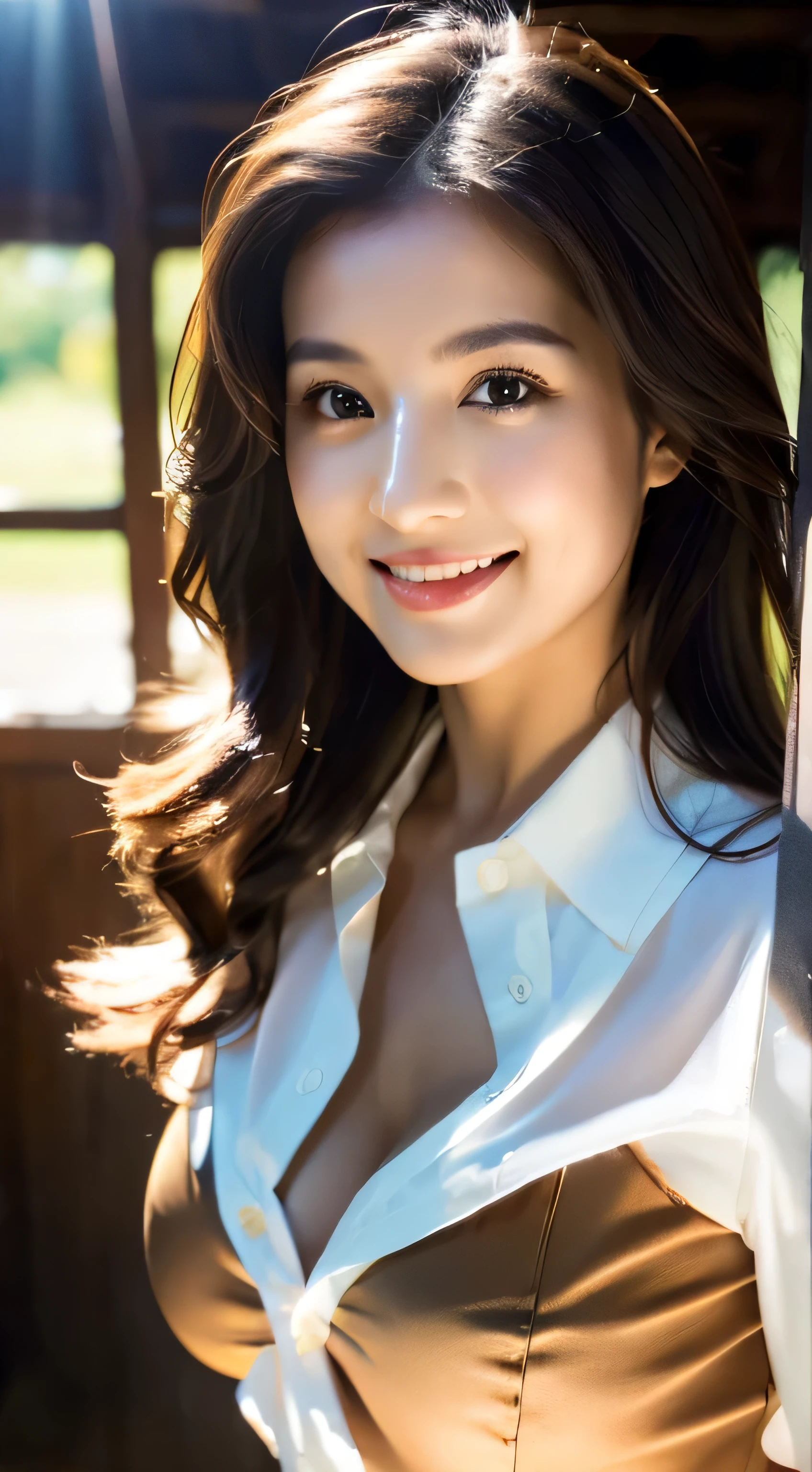 (Highest quality,Super detailed,Photorealistic:1.37),Very beautiful eyes, Bright and vibrant colors,Studio Lighting, Playful expressions, Very fine grain, Stylish makeup,Beautiful fashion model posing, Ribbon Blouse Silk Shirt, loose long shirt, (mini black pencil skirt) (Skin Tight Skirt), Slim figure, Huge round breasts, High Fashion, silver hair fluttering in the wind,Captivating eyes,Glossy Lips,Sexy pose, Confident、Captivating smile, Posing for a professional photo shoot, Shallow depth of field, emphasize the subject, Soft natural light, Create a dreamy and magical atmosphere.White long sleeve button up blouse_With collar_Remove up to the second button＿Brown pleated 、((Extra long brown hair:1.2))standing gracefully、full figure supermodel standing, entire body in frame、