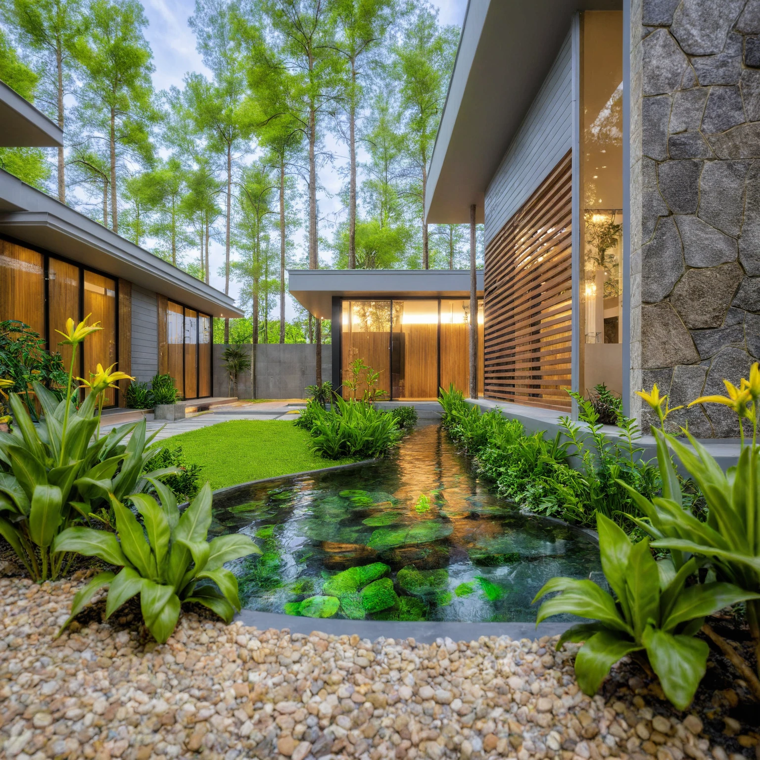 Real pictures, idea houses, architectural ideas, architectural drawings, real pictures, daylight, beautiful plants, gray aluminum glass doors , interior lighting, spot light, fish tank