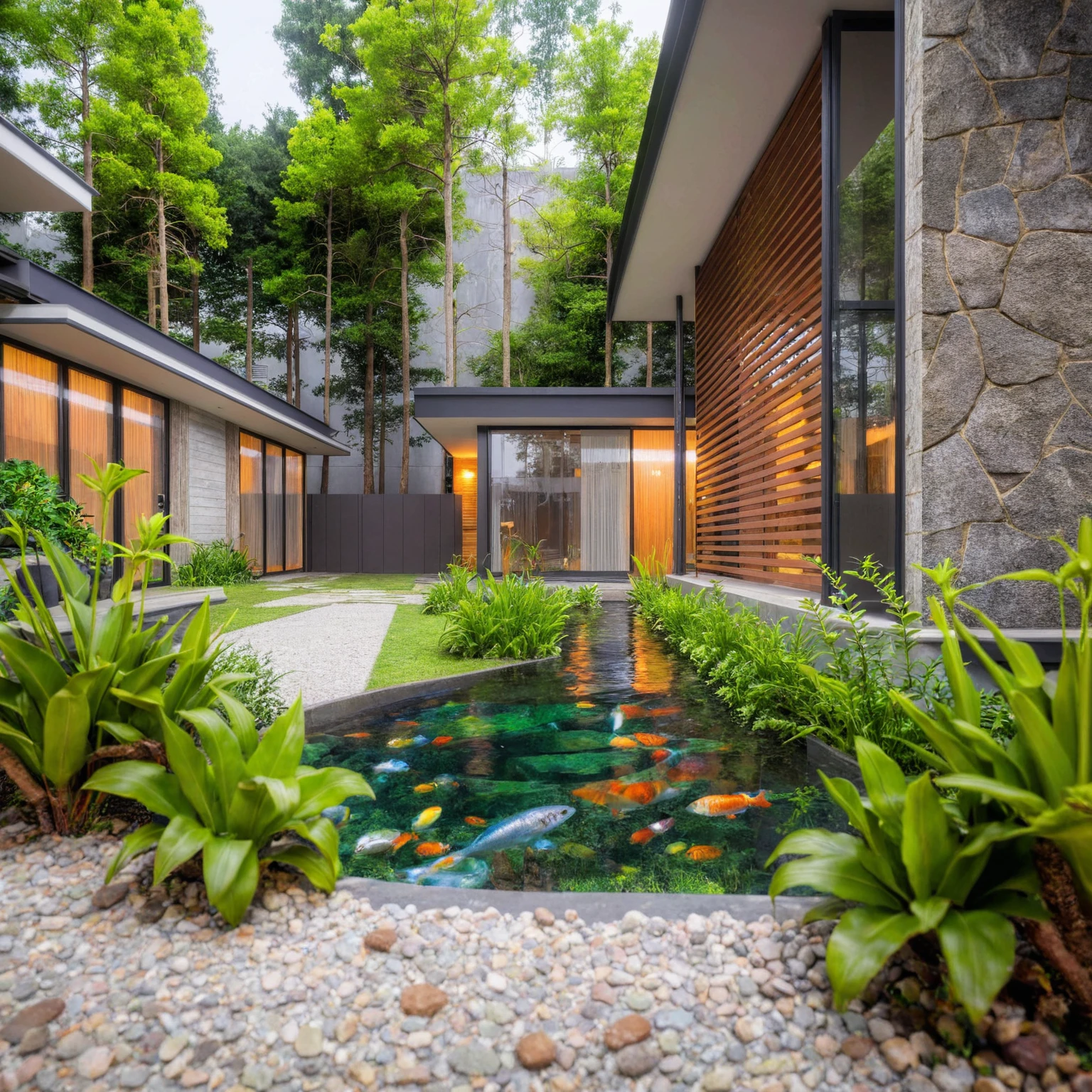 Real pictures, idea houses, architectural ideas, architectural drawings, real pictures, daylight, beautiful plants, gray aluminum glass doors , interior lighting, spot light, fish tank