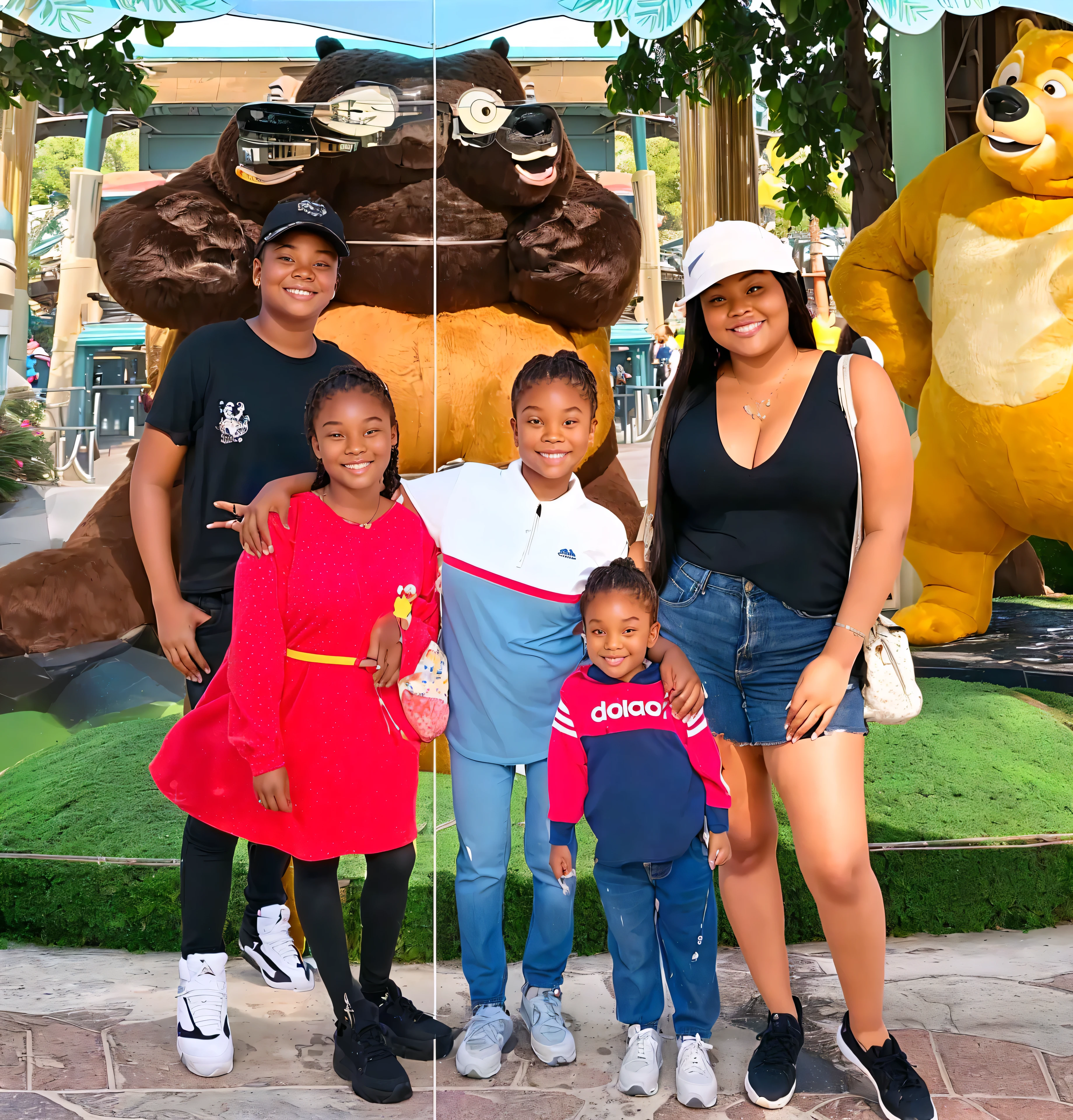 There is a group of people standing in front of a giant bear, In Disney, vacation photo, taken in 2 0 2 0, taken in the early 2020s, family photo, Photo, photo taken in 2 0 2 0, ((oversaturated)), profile picture, trends ，, Snapchat photo, soft on _ the bottom, theme park
