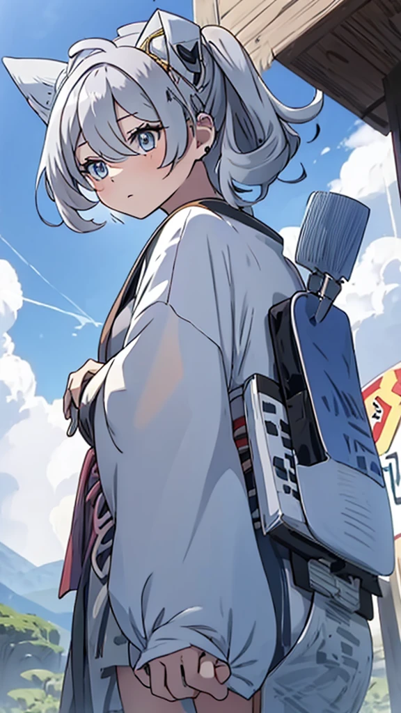 naughty girl;
Wolf ears and tail;
Long messy hair;
gray hair;
Kimono with lightning cloud details;
Rays around the body;
It&#39;s in a black space full of clouds forming;
Sky blue eyes;
