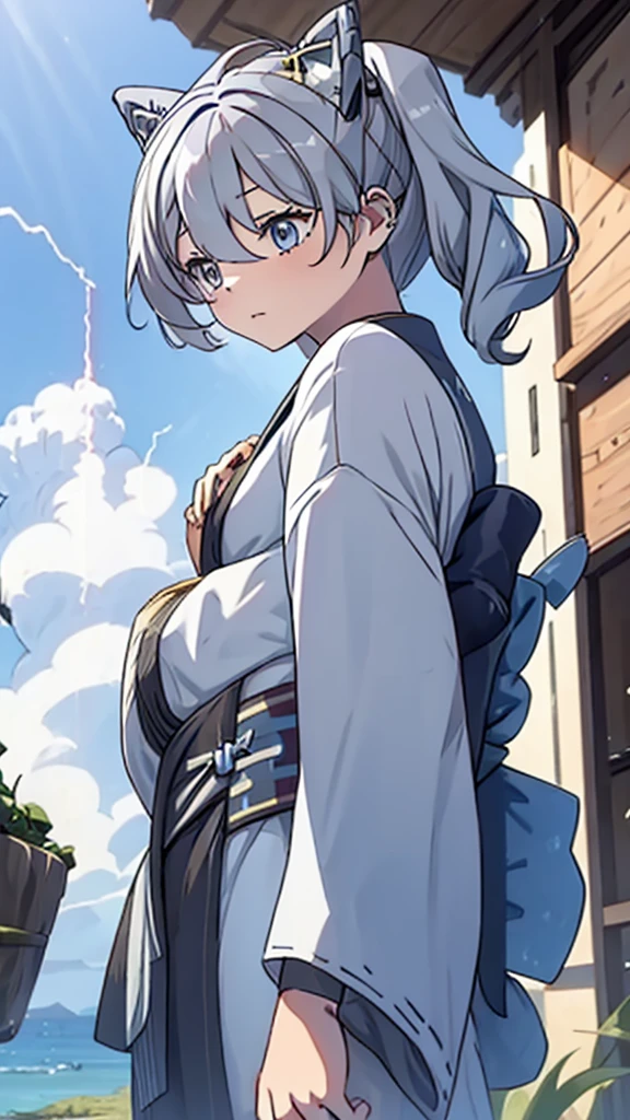 naughty girl;
Wolf ears and tail;
Long messy hair;
gray hair;
Kimono with lightning cloud details;
Rays around the body;
It&#39;s in a black space full of clouds forming;
Sky blue eyes;
