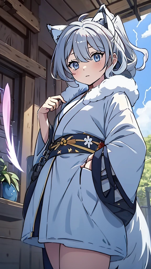 naughty girl;
Wolf ears and tail;
Long messy hair;
gray hair;
Kimono with lightning cloud details;
Rays around the body;
It&#39;s in a black space full of clouds forming;
Sky blue eyes;
