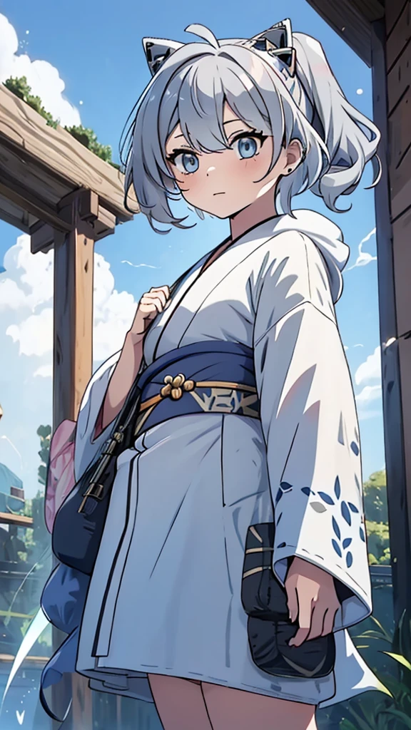 naughty girl;
Wolf ears and tail;
Long messy hair;
gray hair;
Kimono with lightning cloud details;
Rays around the body;
It&#39;s in a black space full of clouds forming;
Sky blue eyes;
