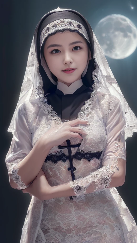 (:1.5),(:2.0),(A Ultra cute young Japanese nun:2.0),(she wearing a decorated with lace nun costume and scart slim fit:2.0),(beautiful detailed dropped eyes:2.0),beautiful detailed lips, (extremely detailed cute and beautiful face:2.0), longeyelashes, (slender woman body:1.5), (beautiful short hair:2.0), (natural makeup,big smile:1.5), incredibly beautiful skin,(professional lighting, bright lighting, photorealistic, 8k, high resolution, best quality, masterpiece, ultra-detailed:1.75), vivid colors, (Moonlit Night:1.5),(The moonlight shines on her face:1.2),(She is in the convent:1.2)