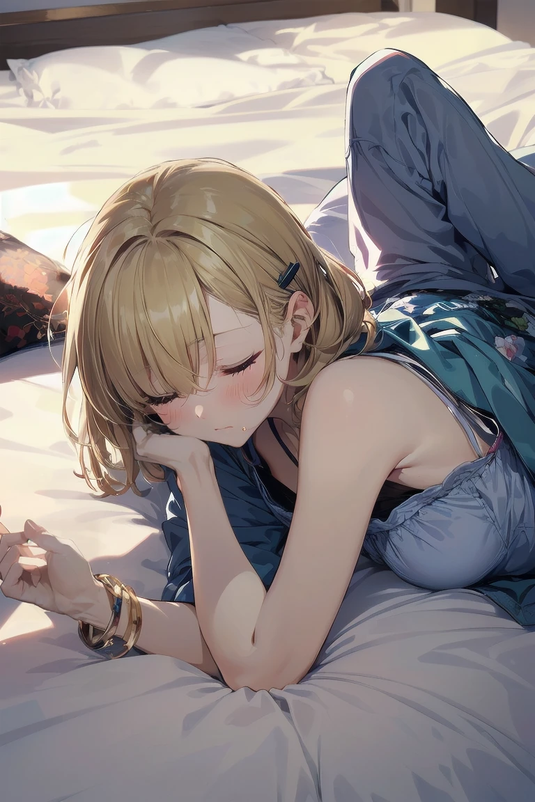 (white mouth mask:1.2),(closed eyes:1.5), (lie on bed:1.6),Highest quality, Anime Moe Art Style,Best Anime 8K Konachan Wallpaper,Perfect Anatomy, (One Girl:1.5), (alone,:1.8),high school studehort hair), (Straight hair:1.6),(Medium chest),(Blonde:1.8),Complete limbs, Full Finger,medium breast,Small eyes,Accurate blue eyes, (hair over one eye:1.5),Hair Clip, Very detailed,High resolution,Very detailed肌, Professional Lighting,8K eye detail, (Cute illustrations:1.2), (indoor),(Cute Girl's Room:1.4),(modern and sophisticated furniture:1.2),(plush velvet chair and ottoman:1.4),(elegant curtains and window treatments:1.2),(Designer Fashion:1.4),(Instagrammable fashion photo corner:1.2),(unique framed statement mirror:1.4),
(fashion runway style rug:1.2),(Customized closet filled with trendy clothes:1.2),(gorgeous dressing table:1.2),(Fashion Magazines:1.2),(Cute decoration:1.4),(chic lighting fixtures:1.4),(comfortable and stylish bedding:1.4),(Specialized area for fashion accessories:1.3),(高级饰品:1.2),(fashion sketch and design book:1.2),(bed:1.9),(ankle socks:1.2),nose blush ,A girl lying in bed with a cold with her head on the pillow, cute, detailed drawing, under art,
1 girl, bangs, bed, blush, sweat, cold, blond hair,(pajamas:1.5), indoors,lying on back, pillow, side lock, sleeping, on futon, on futon sleeping face to face,