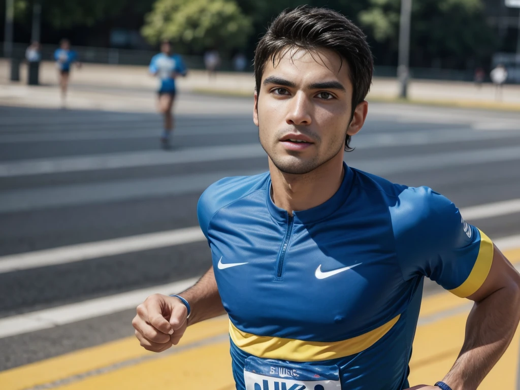 I want a handsome 30 year old Brazilian man running in a marathon with a blue shirt. 30 years old. Blue and yellow sleeve on the front Nike symbol