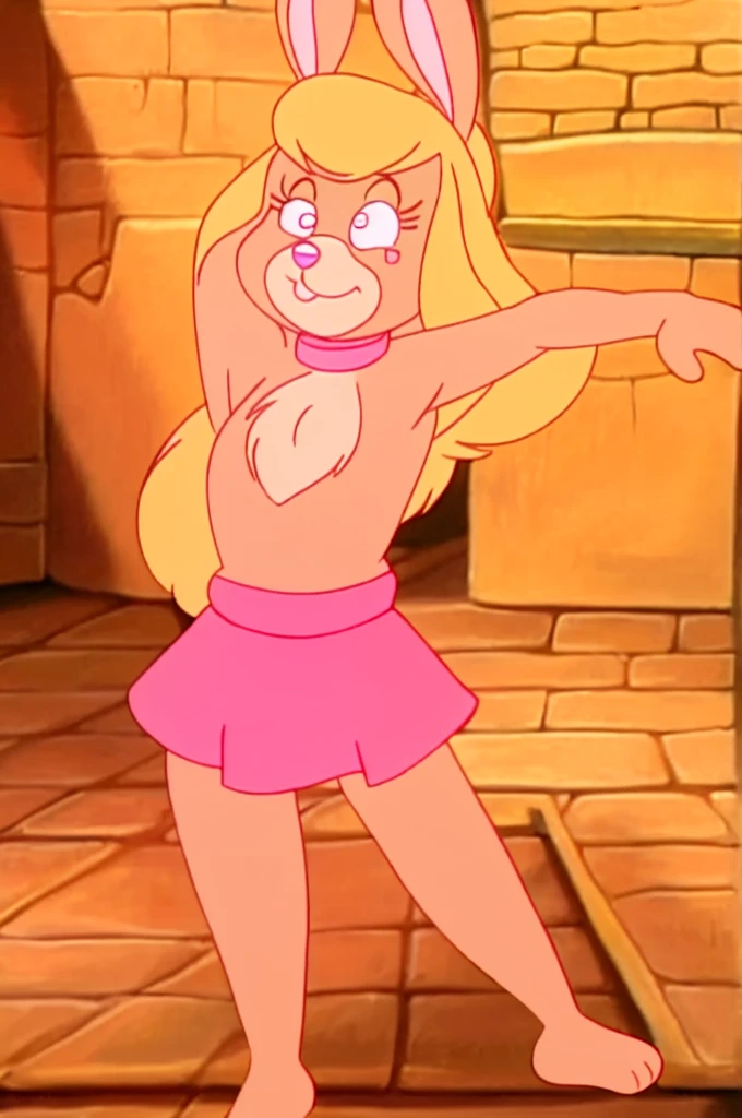 Furry Yellow bunny with white eyes with hot pink pupil and pink collar with a heart, with mat instead of chest without clothes just a skirt cartoonish Hanna-Barbera type, Women, Mexican pink volume skirt, BALD, in cute pose only locks in front without long hair in the back