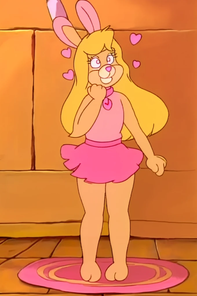 Furry Yellow bunny with white eyes with hot pink pupil and pink collar with a heart, with mat instead of chest without clothes just a skirt cartoonish Hanna-Barbera type, Women, Mexican pink volume skirt, BALD, with her hands holding in the skirt, solo