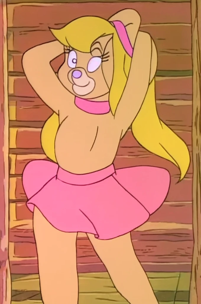 
Furry Yellow bunny with white eyes with hot pink pupil and pink collar with a heart, with mat instead of chest without clothes just a skirt cartoonish Hanna-Barbera type, Women, Mexican pink volume skirt, BALD, in cute pose only locks in front without long hair in the back 