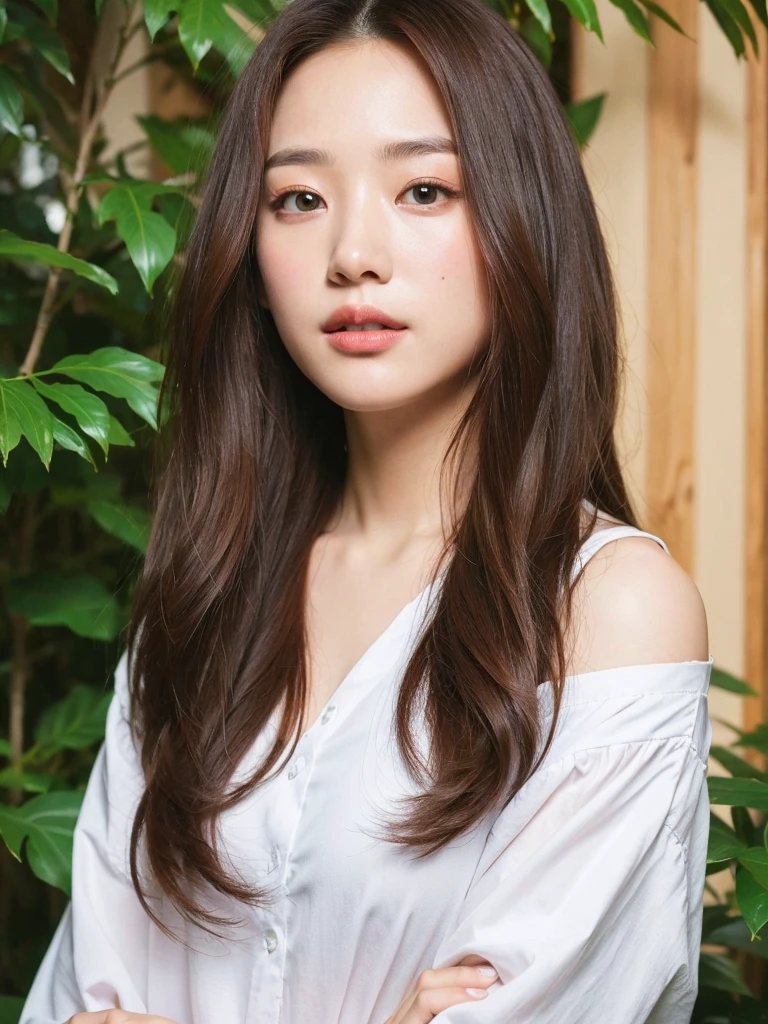 (Highest quality、8K、32k、masterpiece、uhd)(Silky Hair、one person's25Pretty woman of age、Natural brown hair、Medium Hair、Glossy hair、Loose and fluffy hair) Portraiture、In natural fashion、Concrete Background、Concrete wall