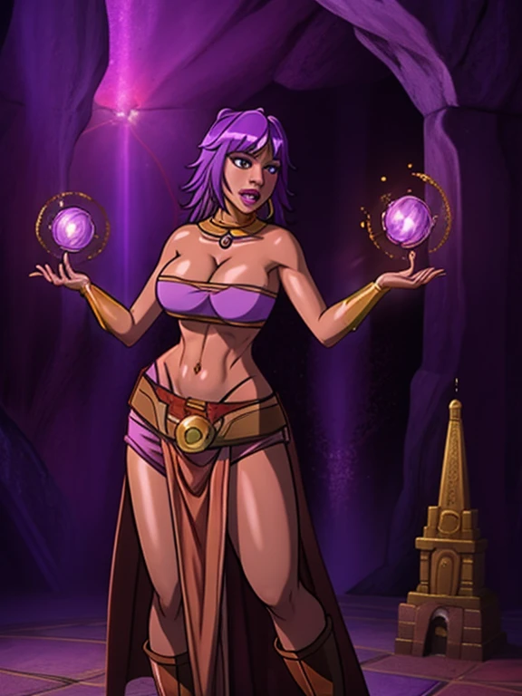Immerse yourself in the fantastical world of a captivating game character with striking purple hair and radiant brown skin. She's a sorceress that wields her magical powers with grace and precision, showcasing her exceptional abilities. She exudes an air of mystery and power. The photo captures the essence of a strong and alluring character, ready to embark on thrilling adventures in a magical realm. (Fantastical world with captivating game character), (Striking purple hair and radiant brown skin:1.2), (covered in tattoos:1.3), (Wearing: golden headpiece, necklace, purple bandeau, golden belt, purple pelvic curtain, sarong, bracer, thigh-high boots:1.2), (Strong and alluring character:1.3), both hands glowing bright purple, purple magic, bright purple sparks in both hands, both hands glowing bright purple, purple magic, bright purple sparks in both hands, inspired by thrilling adventures in a magical realm,((())),
