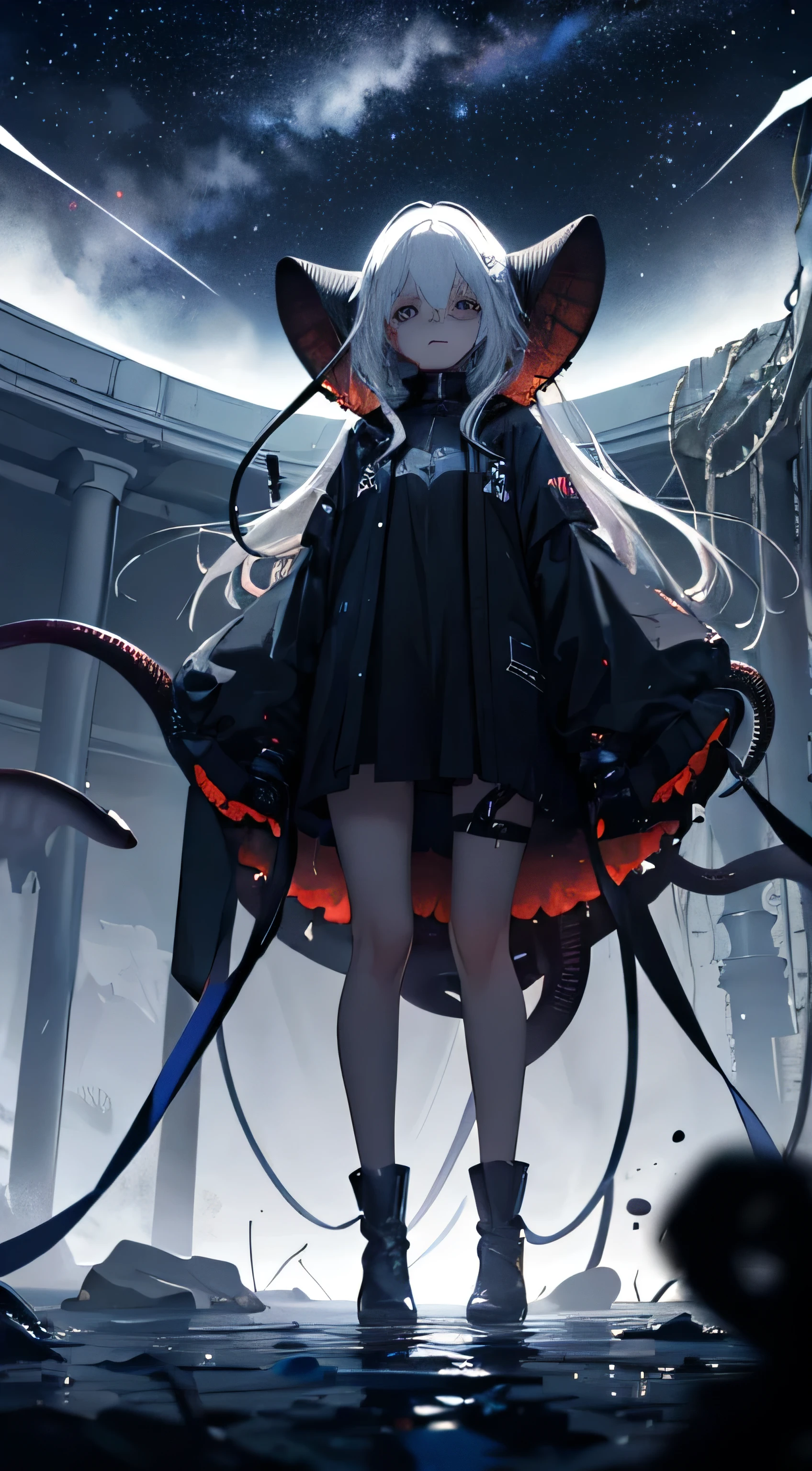 1 Girl,In a world beyond our own, A girl standing on a clock face, Her gaze was fixed on the vast, Starry Void. This is a place of unimaginable wonders and horrors., The fabric of reality becomes fragile,The laws of physics themselves are being questioned. In the distance, She can see the glimmer of distant stars, Their light flickers like a candle in the endless darkness. But when she looked, Something was moving behind her., A billowing mass of foam and tentacles,Writhing with almost sentient rage、Boiling. It is a deep sea creature, Terror from the Abyss, and began to regard her as his own. But the girl stood firm, Her eyes are on the stars, Her will is as strong as the clock beneath her feet. Because she knows,In this place of endless possibilities, a cut, Even the most terrible things can be overcome by human power. She just stood there, A beacon of hope in a dark world, A shining star in the sky.