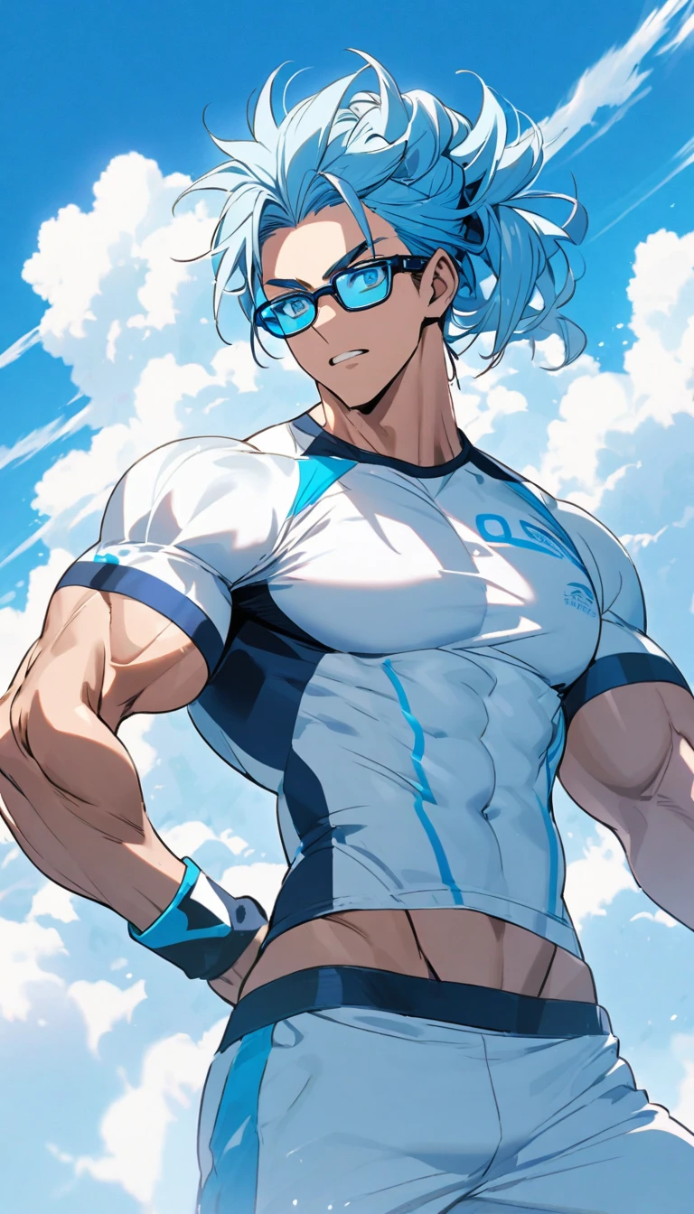 A muscular man wearing a white and sky blue fitness outfit，Cool hairstyle，Cool glasses，Blue sky and white clouds