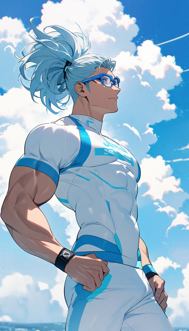 A muscular man wearing a white and sky blue fitness outfit，Cool hairstyle，Cool glasses，Blue sky and white clouds