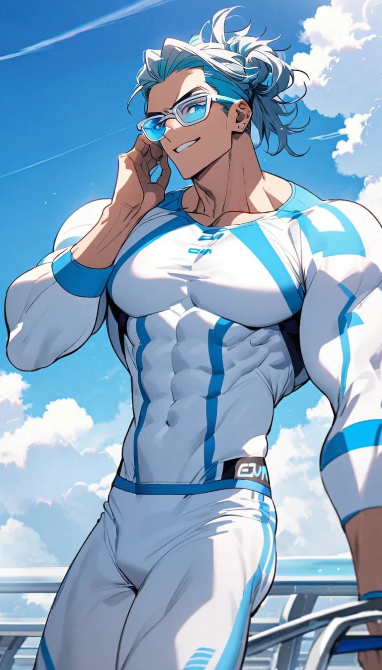 A muscular man wearing a white and sky blue fitness outfit，Cool hairstyle，Cool glasses，Blue sky and white clouds