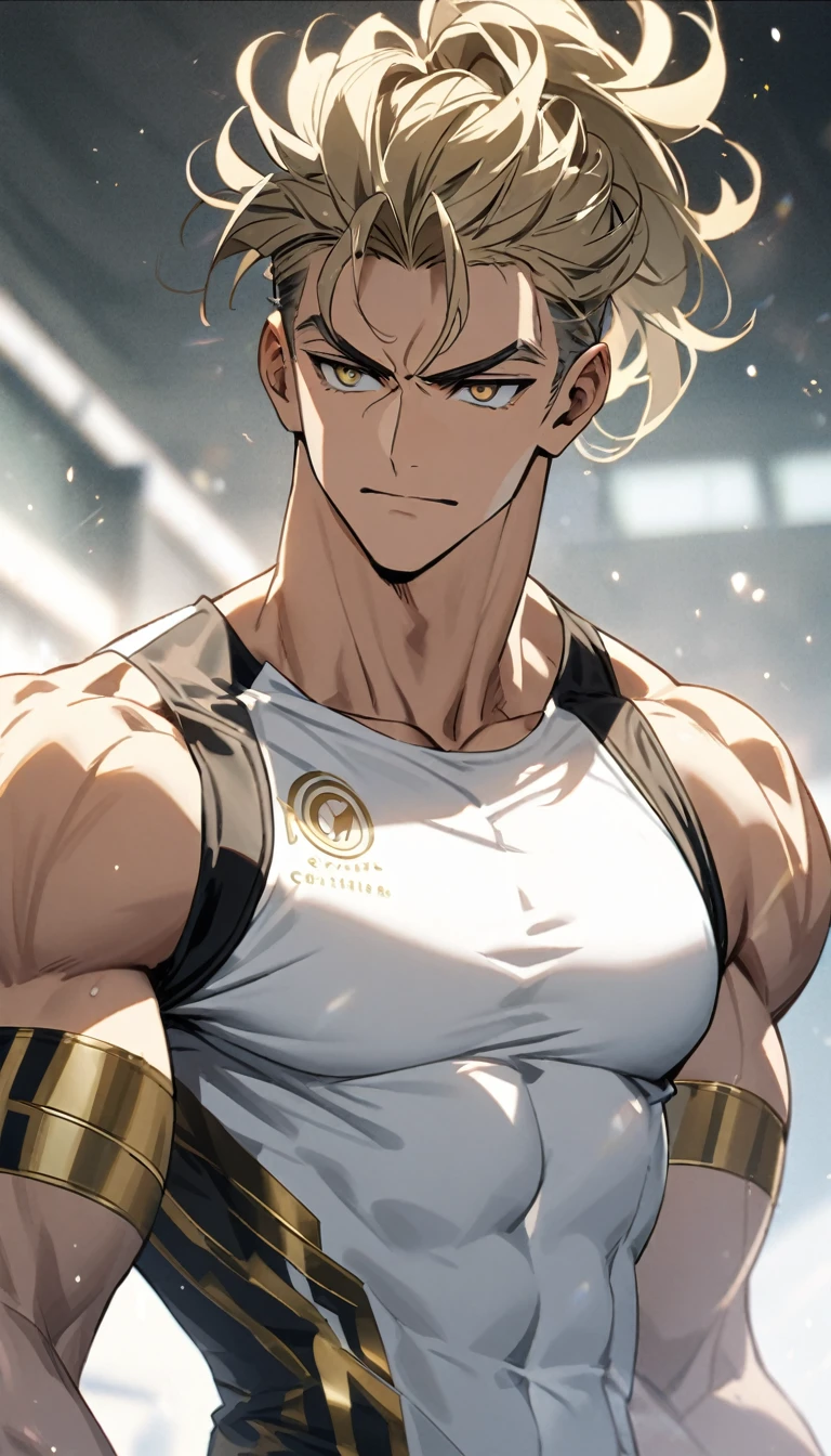 A muscular man in white and gold fitness clothing,Cool hairstyle