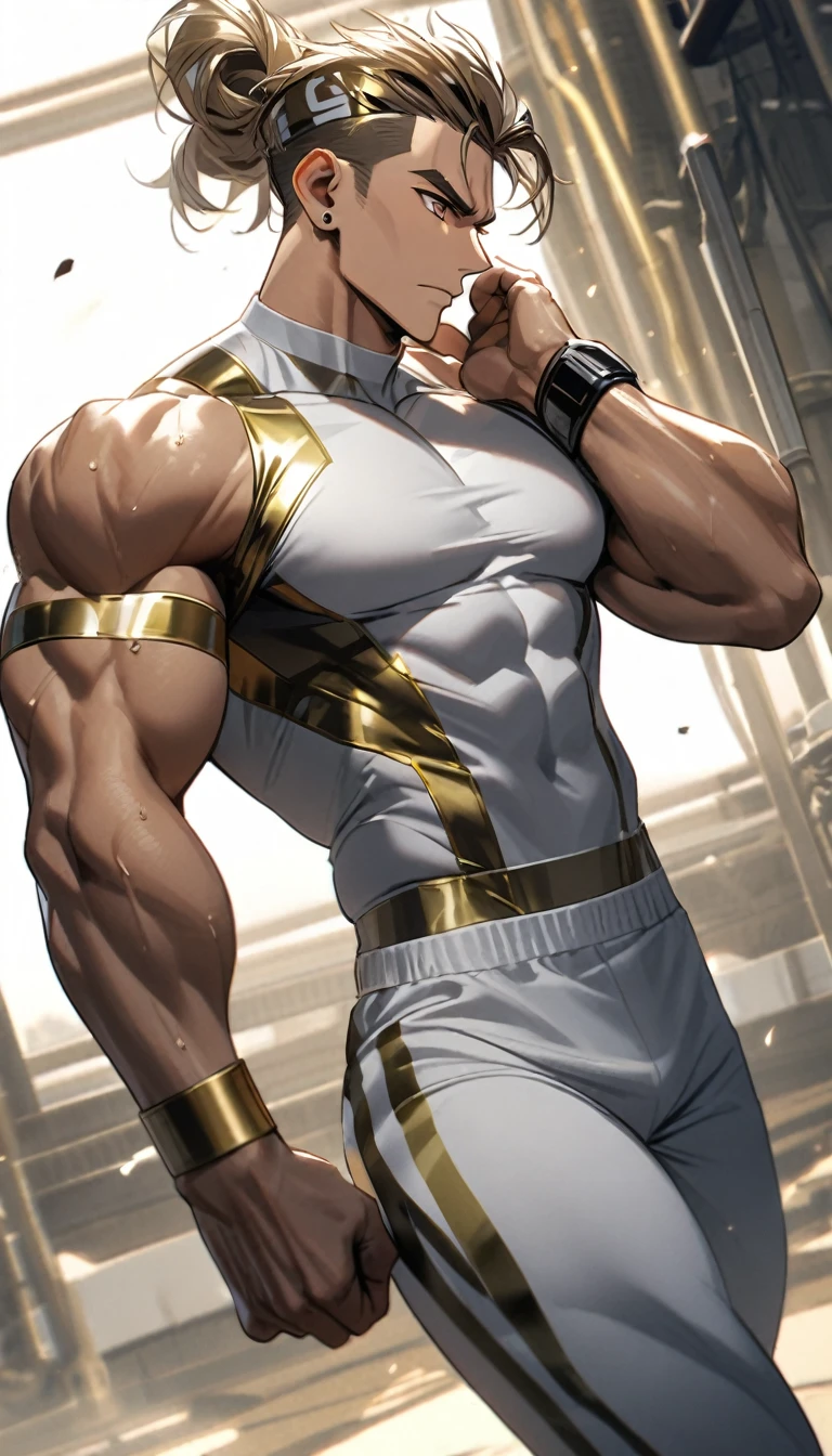 A muscular man in white and gold fitness clothing，Cool hairstyle