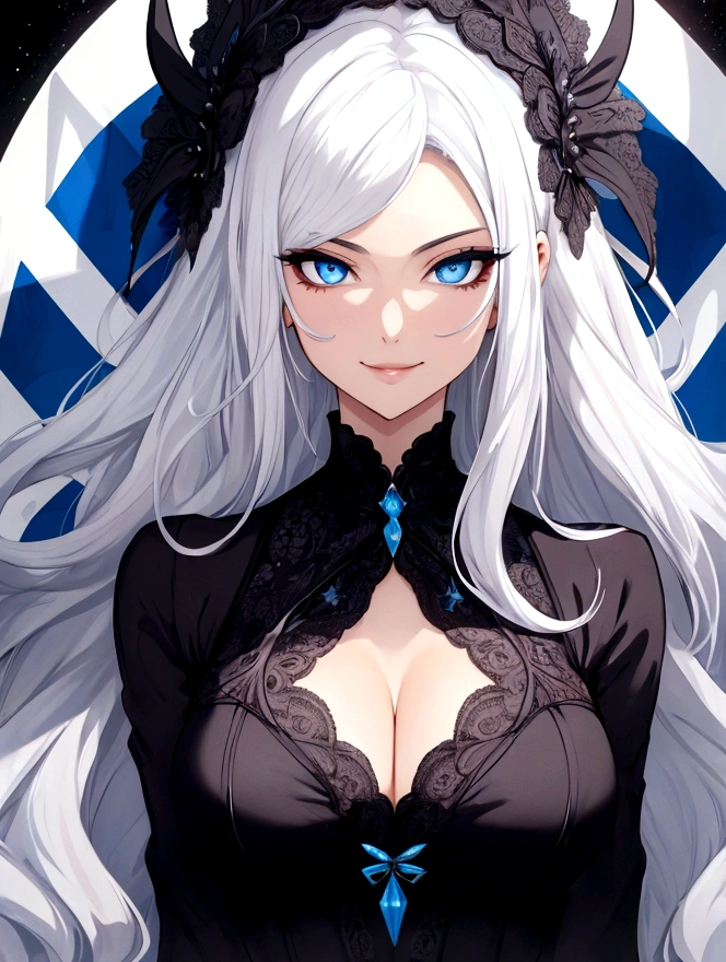 white hair, large hair, blue eyes, black dress, seductive smile,
normal chest, young woman,
