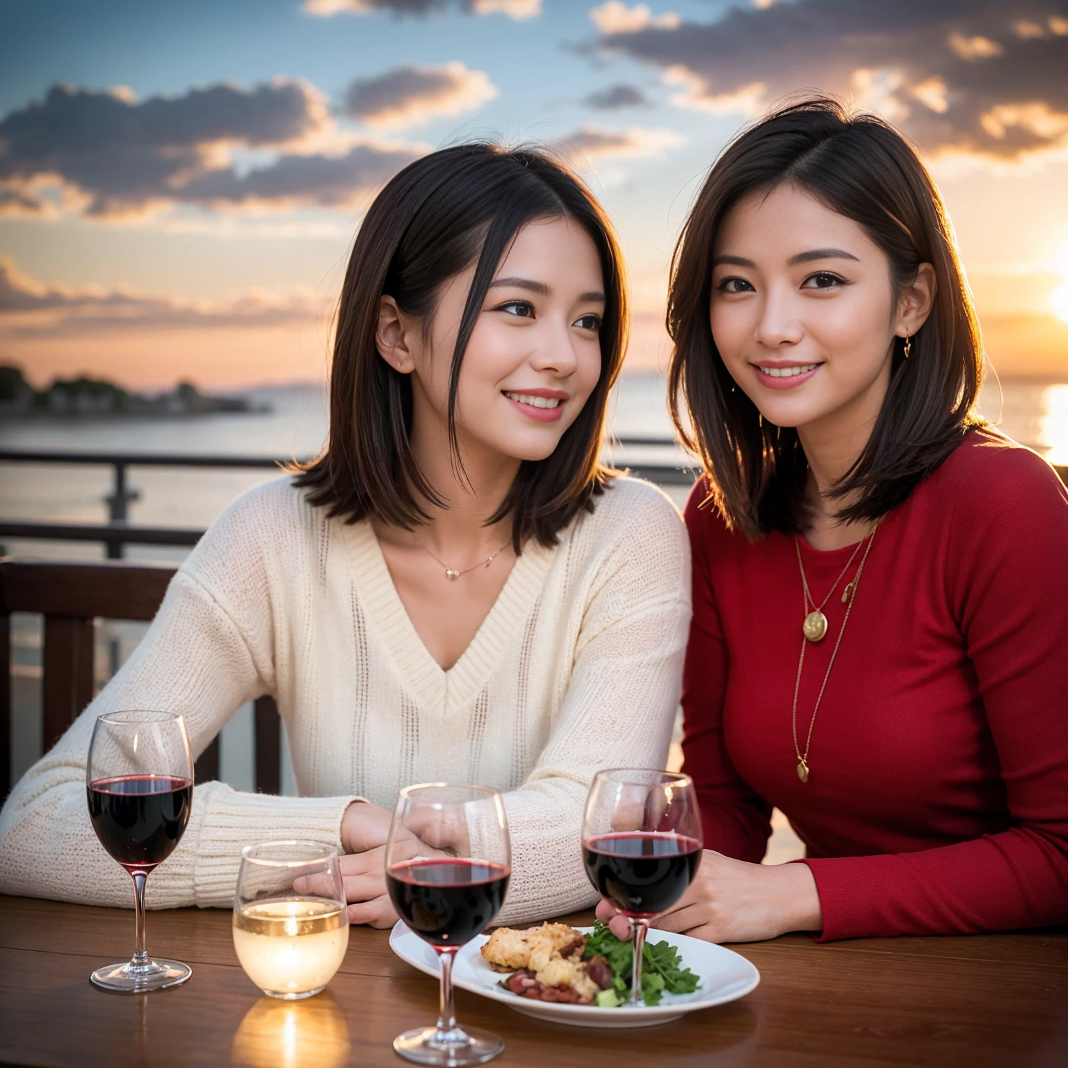 ((Highest quality、8K、masterpiece:1.3))、 (Genuineistic, Genuine、Bright image、Intricate details:1.2), 最高のsmile、1 male 1 female、Beautiful couple、Lovey-dovey lovers、Happy Yokohama Lovers、、Good friends、actress couple、smile、Full-course dinner at a packed table、 (Slim face), (the body is slim), (Brown Hair), (short hair), テーブルのwine glass、Please shine a light on my face、 Amazing view of the sunset sky and clouds、 years old 39 years old, red wine 、Appetizers、Wine bottle、sparkling wine、Long sleeve shirt、dress、White wine, red wine, wine glass,
