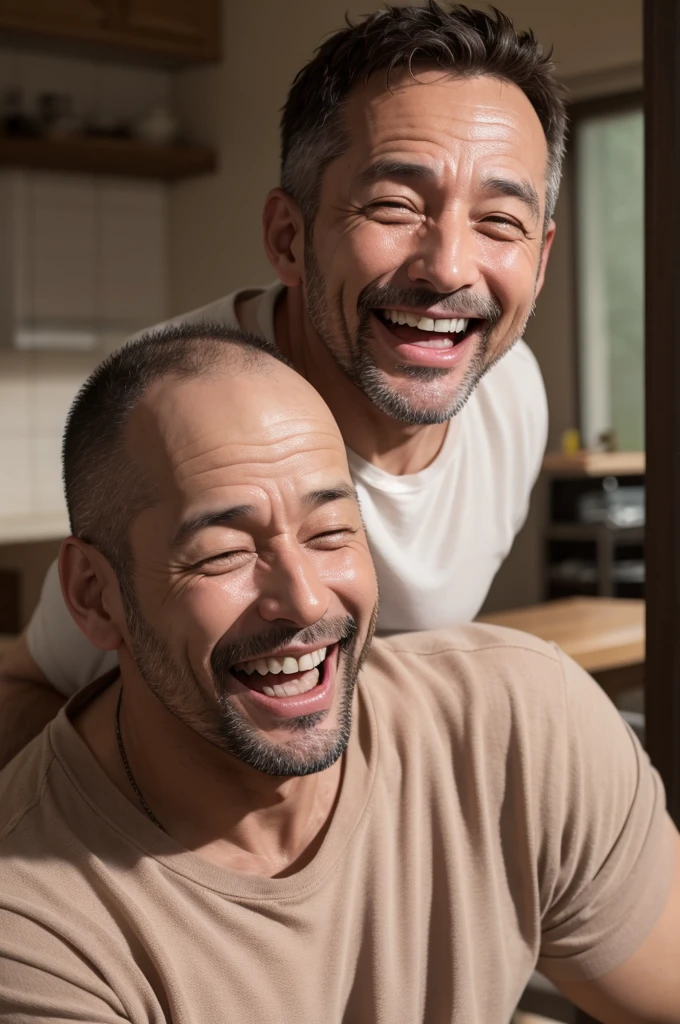 A 45-year-old man laughing after seeing a funny video 