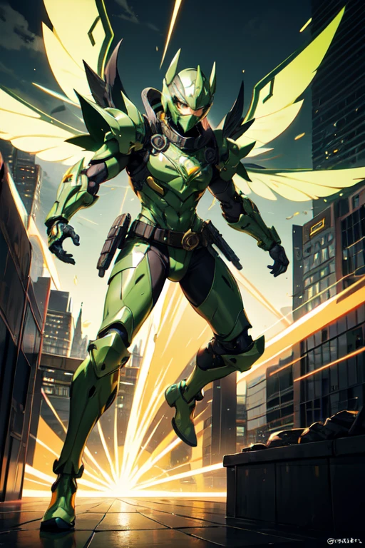 ((best quality)), ((masterpiece)), (detailed), 1 male, full body, 25 years old, masked, lemon green mask covering his entire head, smooth head, mask covering his mouth, 1 small crest on his head, oxygen mask, angry expression, black collar, tall and strong, very athletic, green fly wings, grey details, green fingerless gloves, green wrist guards, lemon green nanotech suit resembling light armor, lemon green chest with an emblem, orange fly emblem on his chest, fly, green pants, green knee pads, metallic green boots, orange superhero belt, flying around a building, city background, anime