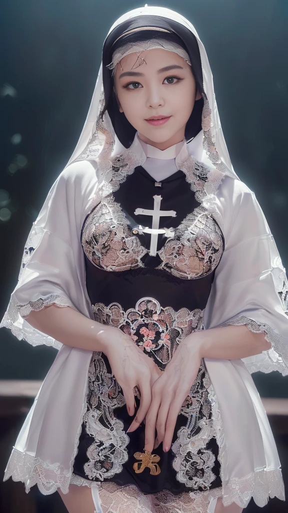 (:1.25),(:2.0),(A Ultra cute young Japanese nun:2.0),(she wearing a decorated with lace nun costume and scart slim fit:2.0),(beautiful detailed dropped eyes:2.0),beautiful detailed lips, (extremely detailed cute and beautiful face:2.0), longeyelashes, (slender woman body:1.5), (beautiful short hair:2.0), (natural makeup,big smile:1.5), incredibly beautiful skin,(professional lighting, bright lighting, photorealistic, 8k, high resolution, best quality, masterpiece, ultra-detailed:1.75), vivid colors, (Moonlit Night:1.5),(The moonlight shines on her face:1.2),(She is in the convent:1.2)