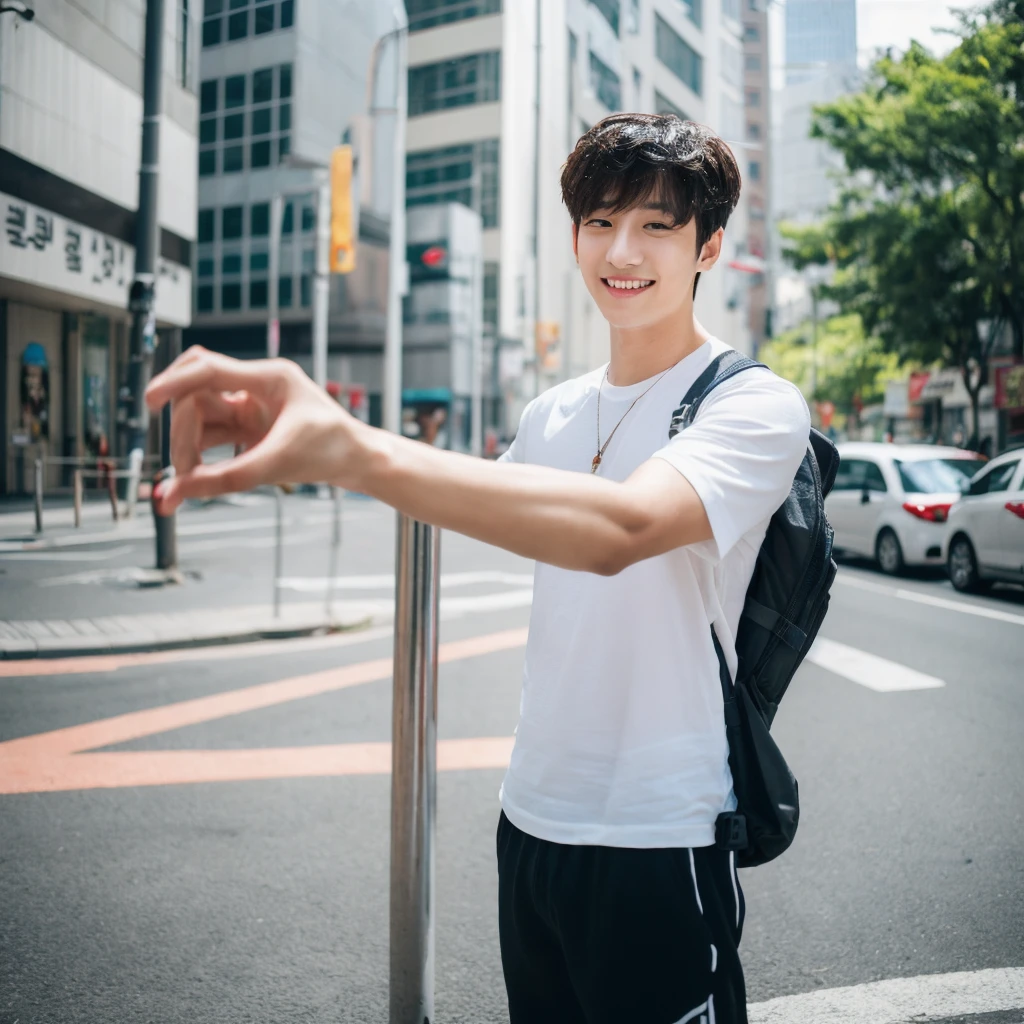 ((hyperdetail)), ((hyperrealistic)), ((hyperrealism)), Professional, Angle camera shooting from below, realistic, High level of detail, Full body photo of 25 years old Korean male, alone, just 1 man, one man, face like Jungkook BTS, nice hair like Jungkook BTS hair, nice eyes, wearing plain t-shirt, wearing sneakers, full body, fit body almost 75 kg bodyweight weight and 185 cm body height, fit body like gym trainer, not thin and not fat, cool pose hand, standing posing for a photo, chill on a city park, photogenic pose, smile pose, (random standing pose: 1.3) ,Natural light, (Attractive young man:1.3), (seductive:1.1), (blush:1.1), bacgkround at street near seoul district , shower of sunshine, hold a cup of coffee on hand, ((cool pose)), ((gentleman pose)), ((ISO 1600)), ((50mm lens)), ((wide shot)),