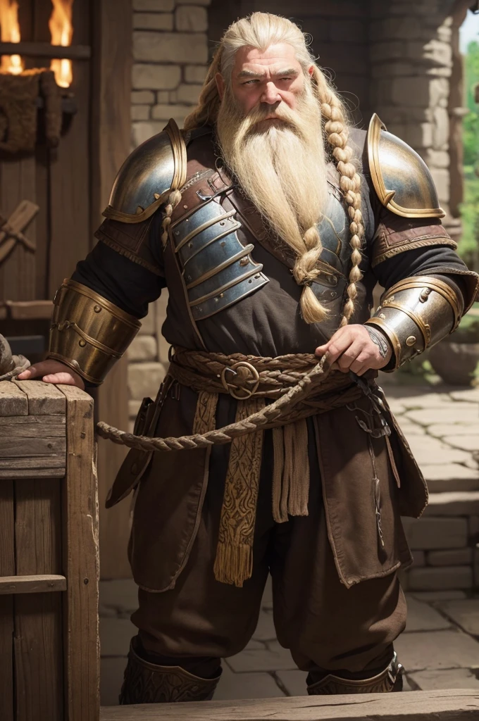 A blacksmith dwarf, white-skinned, blonde and curly hair, wearing a long beard with braids and wearing heavy bronze-colored armor.