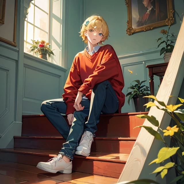 (masterpiece art, high best quality image, very detailed features)
1boy, 16 years old teenage boy, short blonde golden hair, blonde golden eyebrows, fair skin, light blue eyes, thin lips, sad (scarlet red sweater, blue jeans, green soccer shoes, green butterfly hairclip)
Sitting in stairs, reflexing, Ottawa Canada, afternoon cloudy day