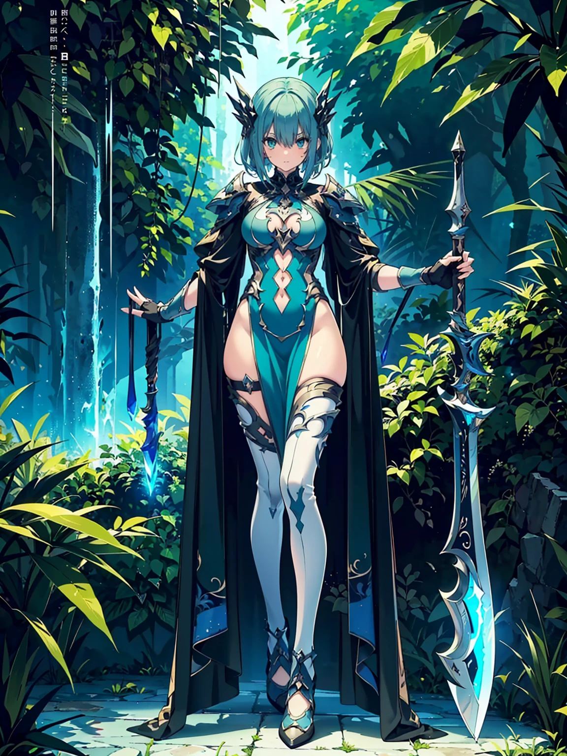 (((masterpiece, best quality, high detailed, 8k))) Design a layout showcase Gaming character, (1girl). Green|Brown clothes, stylish and unique. ((showcase weapon:1.4)), dual daggers. (masterpiece:1.2), (best quality), 4k, ultra-detailed. (Step by step design, layout art:1.5), (luminous lighting, atmospheric lighting). assassin, ((glove full hands)), (((revealing clothes:1.3))), vambraces, armored legwear, (((full_body_shot:1.4))). {In a dense jungle}.
