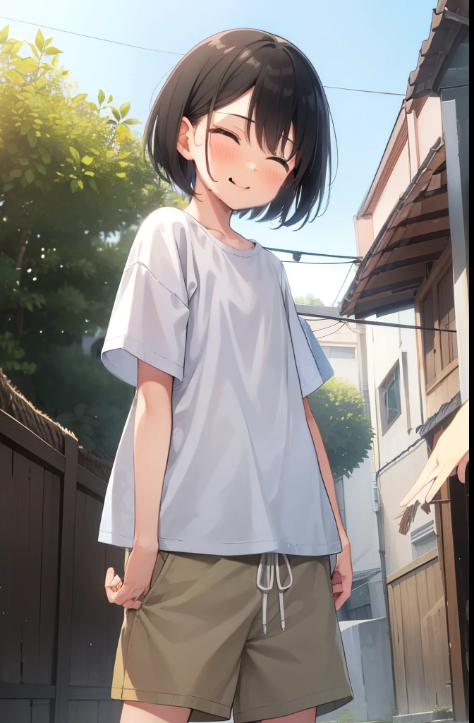 Residential Street,smile,Are standing,Put your hands behind your back,close your eyes,1 ,boyish.Two-block shorthair,Black Hair,blush,White T-shirt,Olive green shorts,Brown Sandals,White skin,summer,From below,Open your hands,shy,Sweat,Open your mouth,