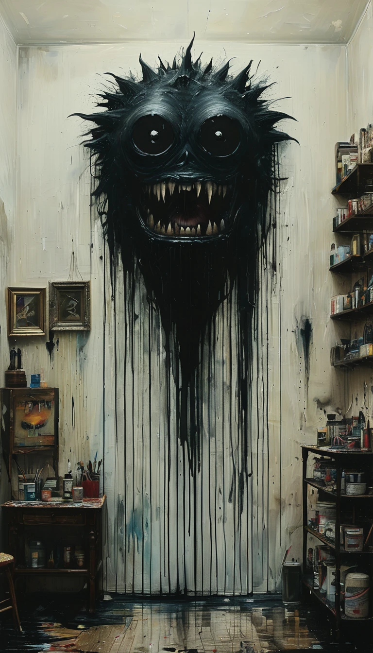 Highly detailed and impactful painting of a monster in a room,   8K,   sharp,  Professional, clear,   High Contrast, High saturation, , Vivid deep black, crystal clear